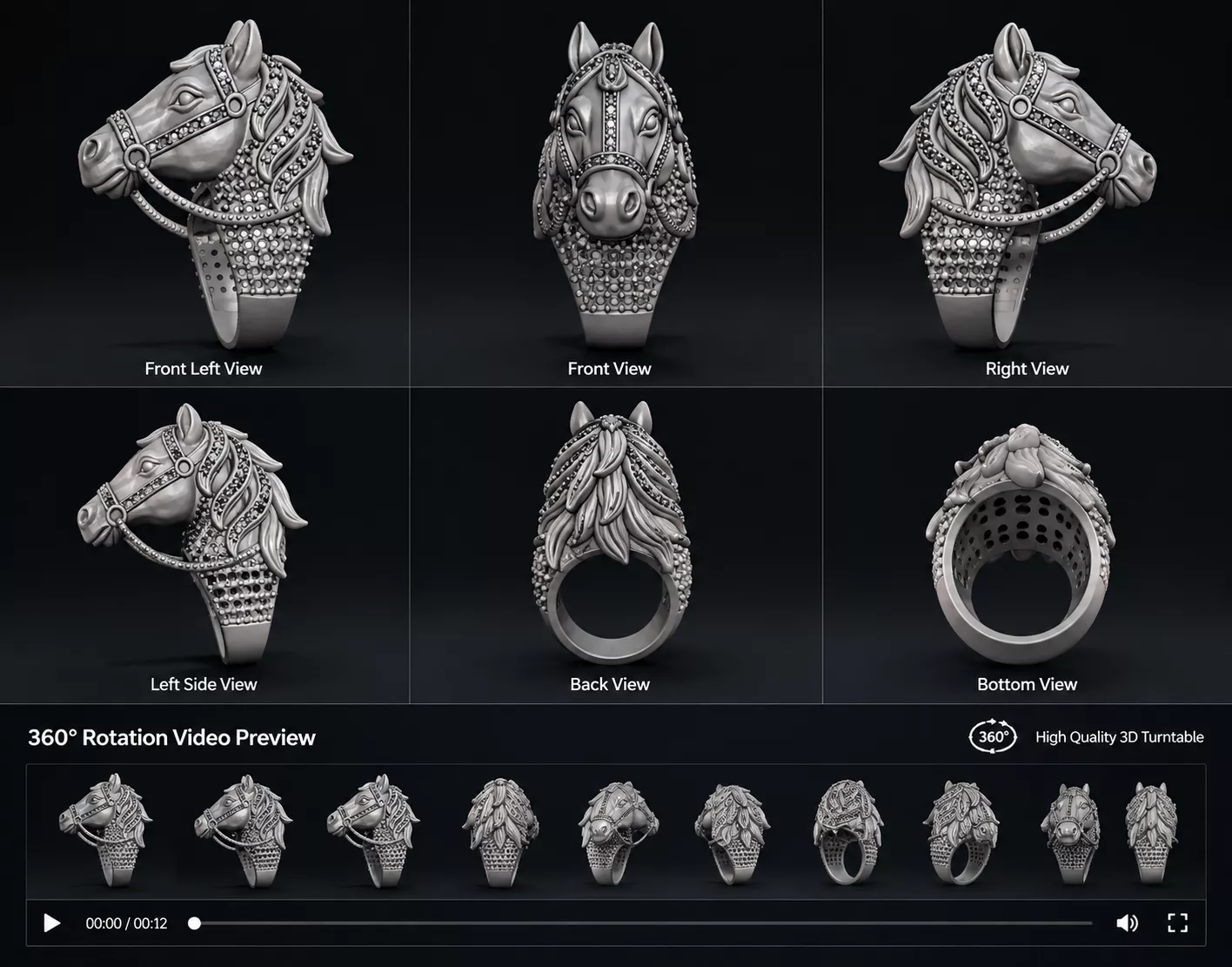 Horse Head Diamond Statement Ring Jewelry CAD 3D Model 3D print model