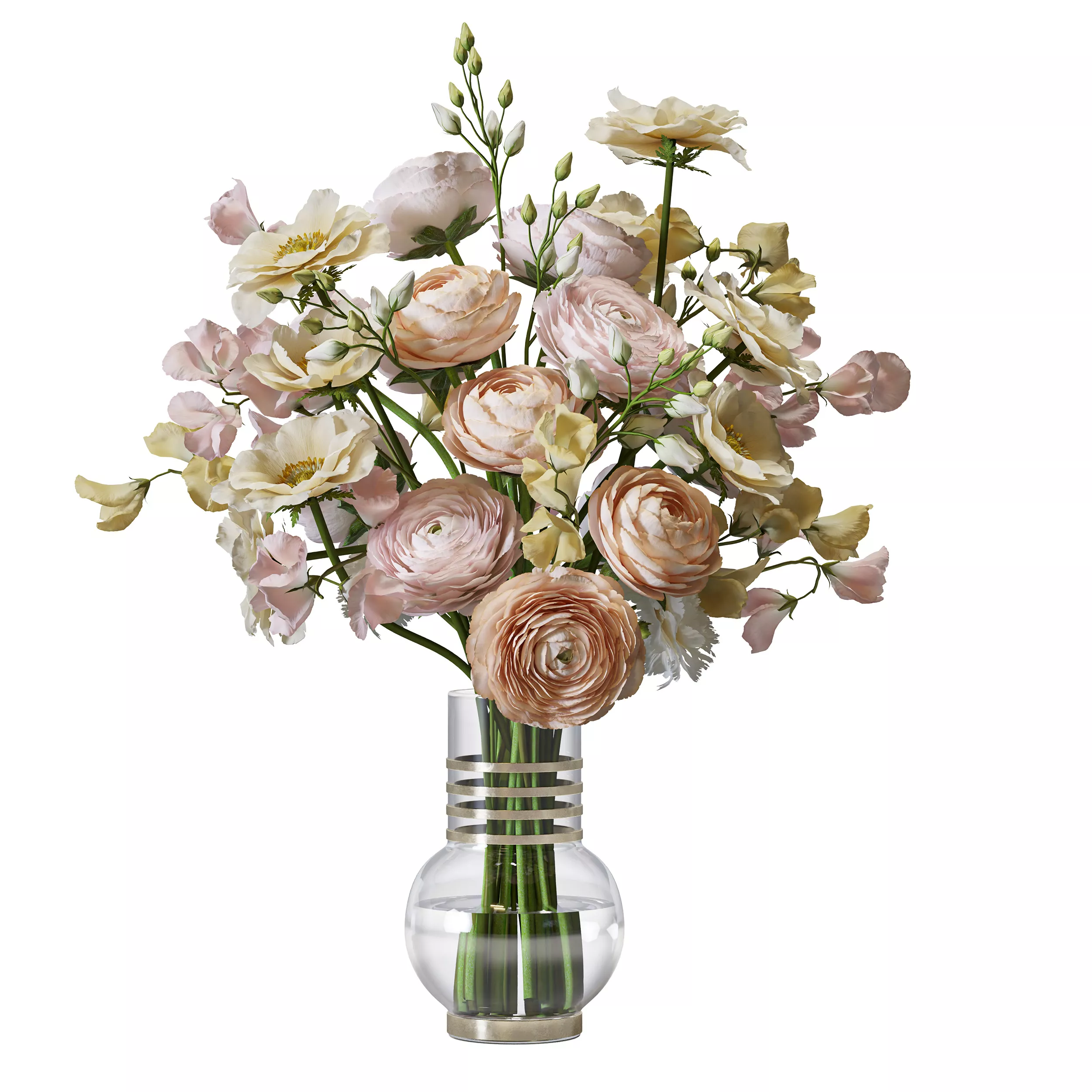 Flower Set 195 Pastel Pink Peach Ranunculus Bouquet Glass Vase 3D model