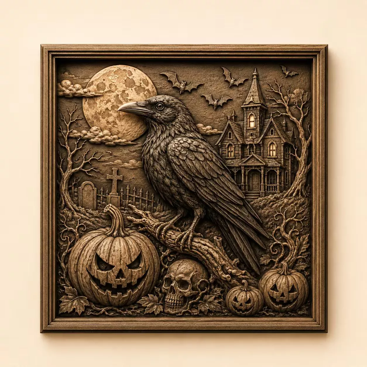 Raven Halloween Wall Art 3D Model CNC Wood Carving Relief STL 3D print model