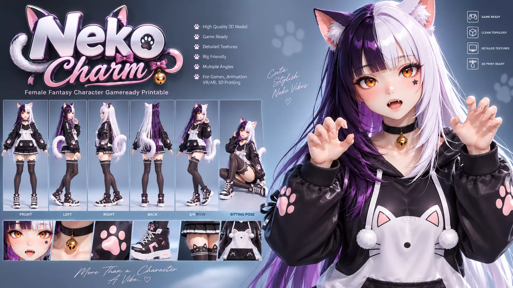 Neko Charm Anime Kitty Female Fantasy Character Low-poly 3D model