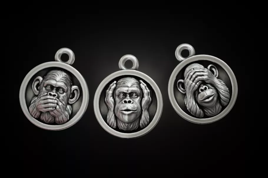Three Wise Monkeys Sculptural Bracelet Charm Set 3D print model