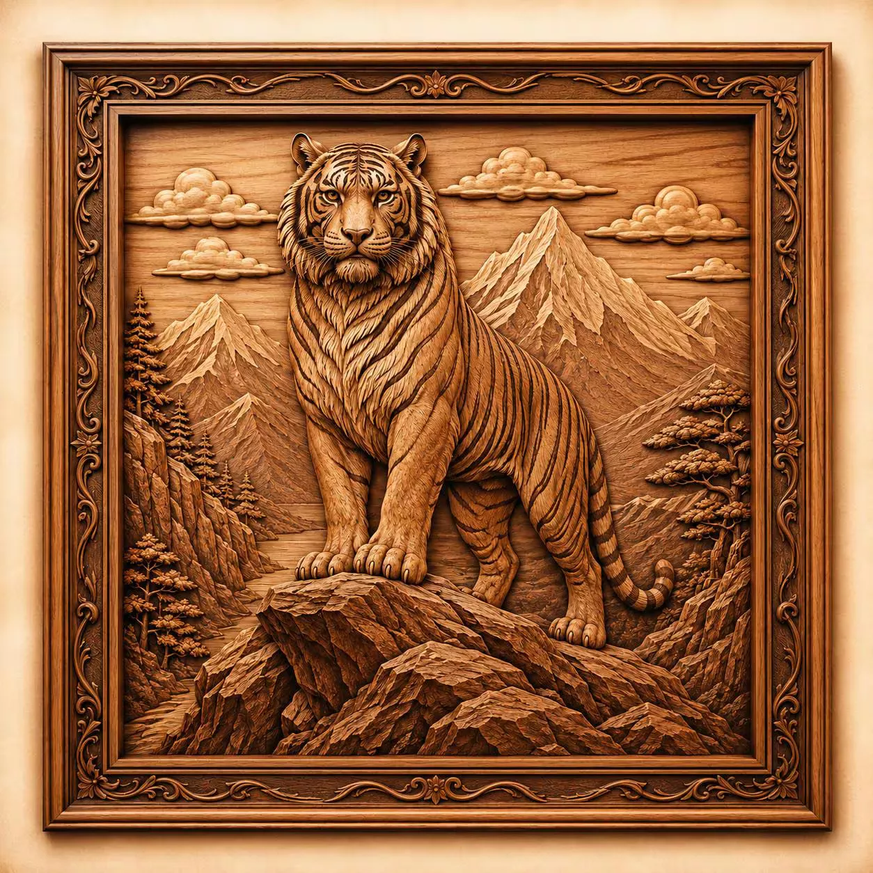 Tiger Mountain Wall Art 3D Model CNC Wood Carving Relief STL 3D print model