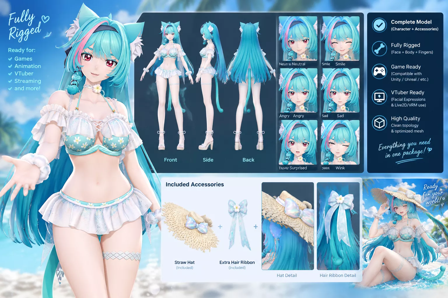 Anime Catgirl 3D Character Fully Rigged Game Ready VTuber Model Low-poly 3D model