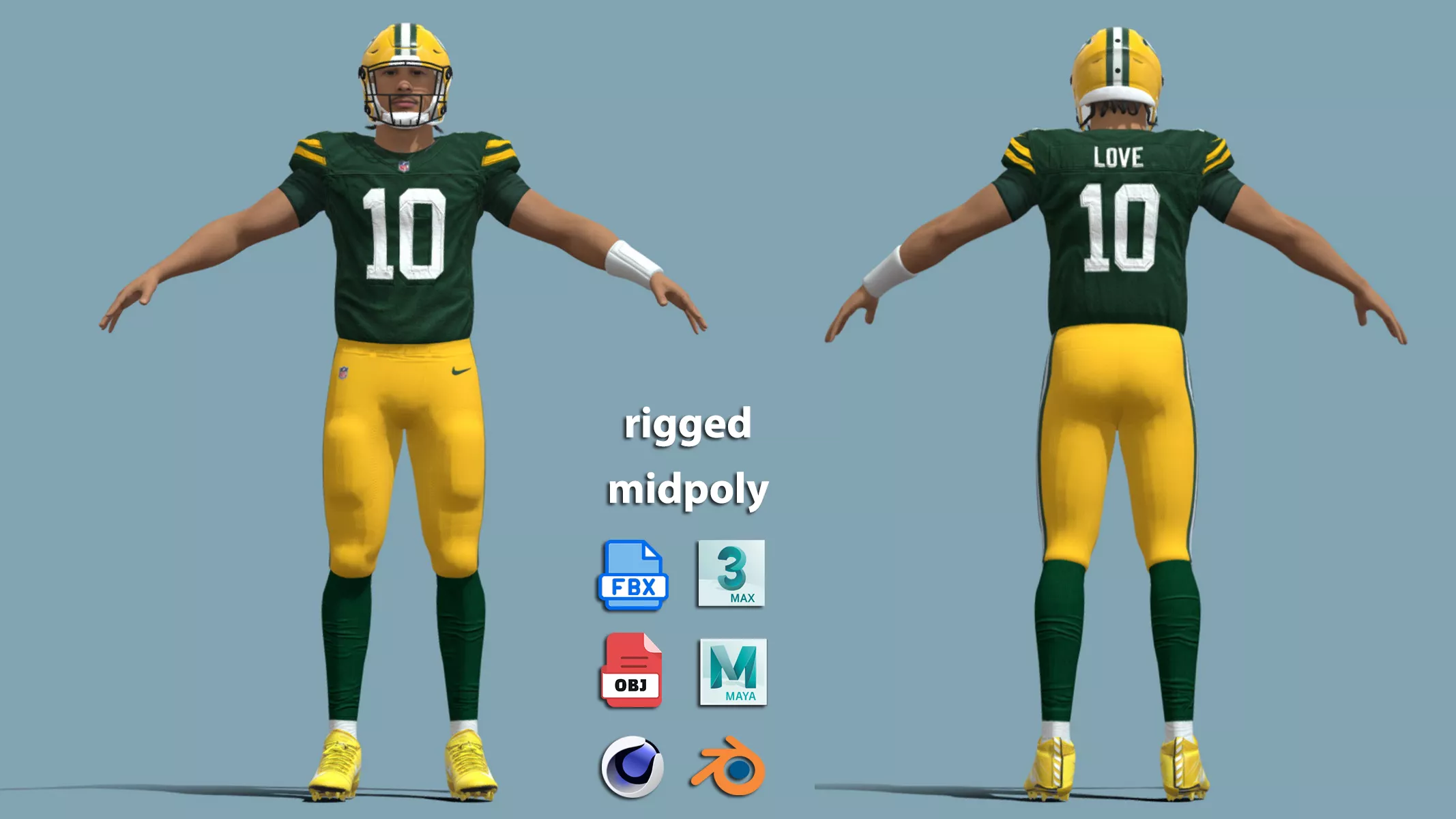 A-Pose Rigged Jordan Love Green Bay Packers NFL 3D model
