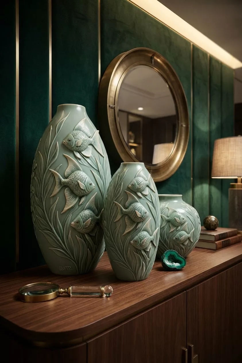 Celadon Serenity Relief Ceramic Vase with Koi Fish Design 3D model