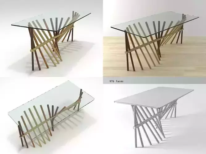 Aurora table made of glass and wooden sticks 3D model