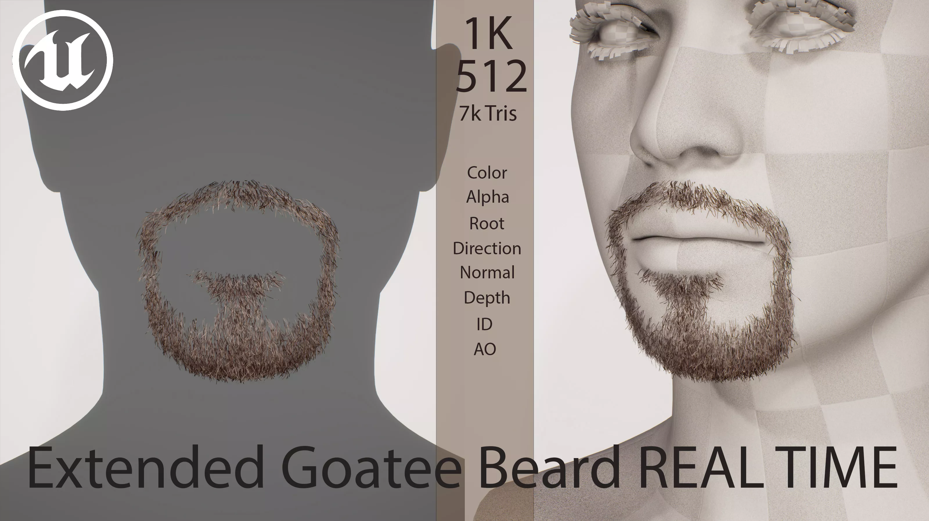 Extended Goatee Beard with Connected Moustache Real Time Hair Low-poly 3D model
