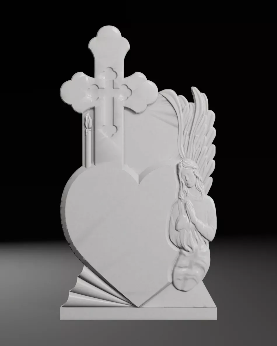 Cross with Heart Candle and Angel - Tombstone STL for CNC 3D print model