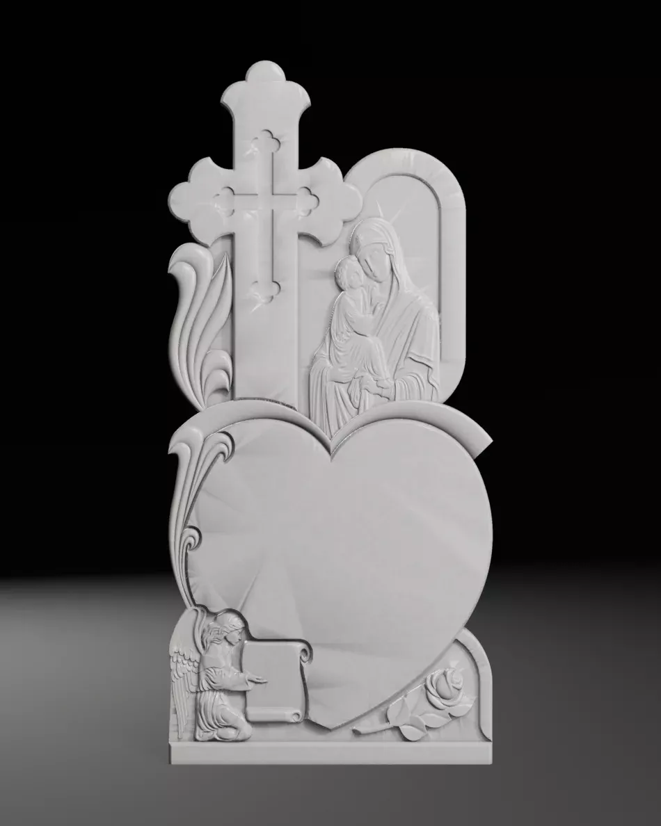 Semi-Trefoil Cross with Cherub and Rose - Tombstone STL for CNC 3D print model