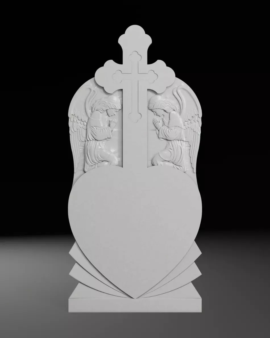 Cross with Heart and Cherubs in Panel - Tombstone STL for CNC 3D print model