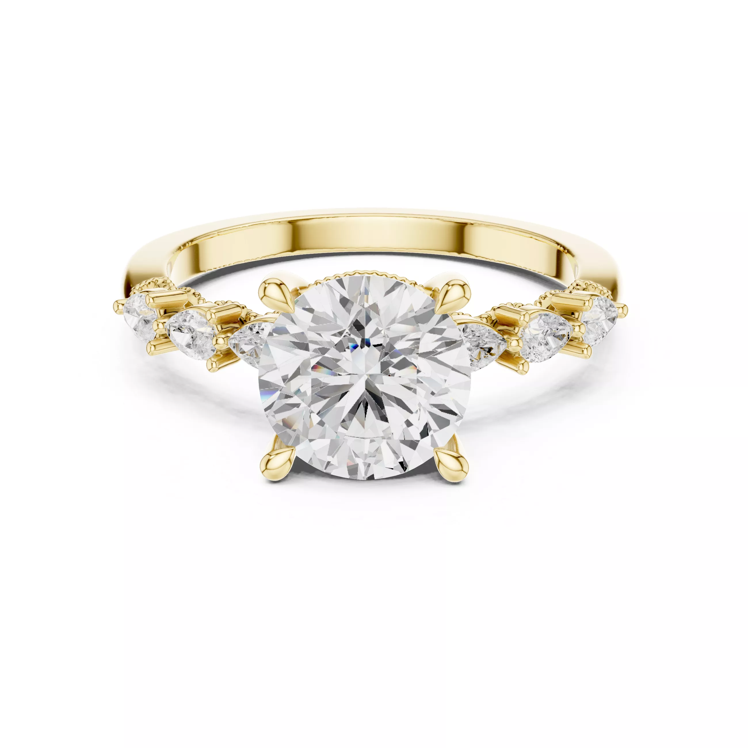Round Cut Diamond Engagement Ring with Pear Side Stones 3D print model