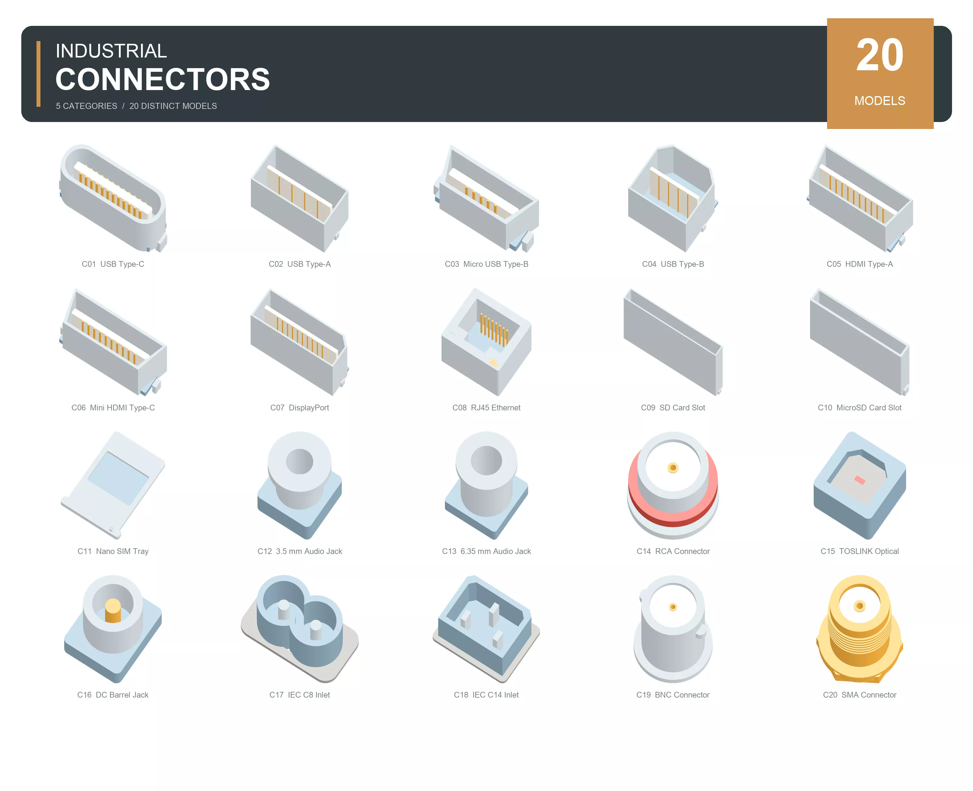 20 Industrial Connectors Model Collection Free 3D model