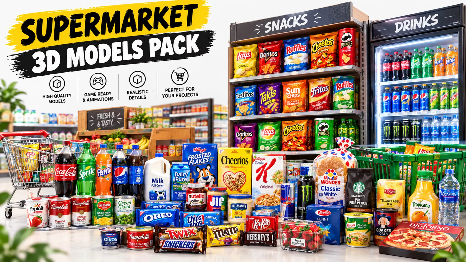 Supermarket Props 3D Models Collection Low-poly 3D model