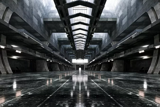 Dark Sci-Fi Brutalist Hangar - Cinematic Environment - 021