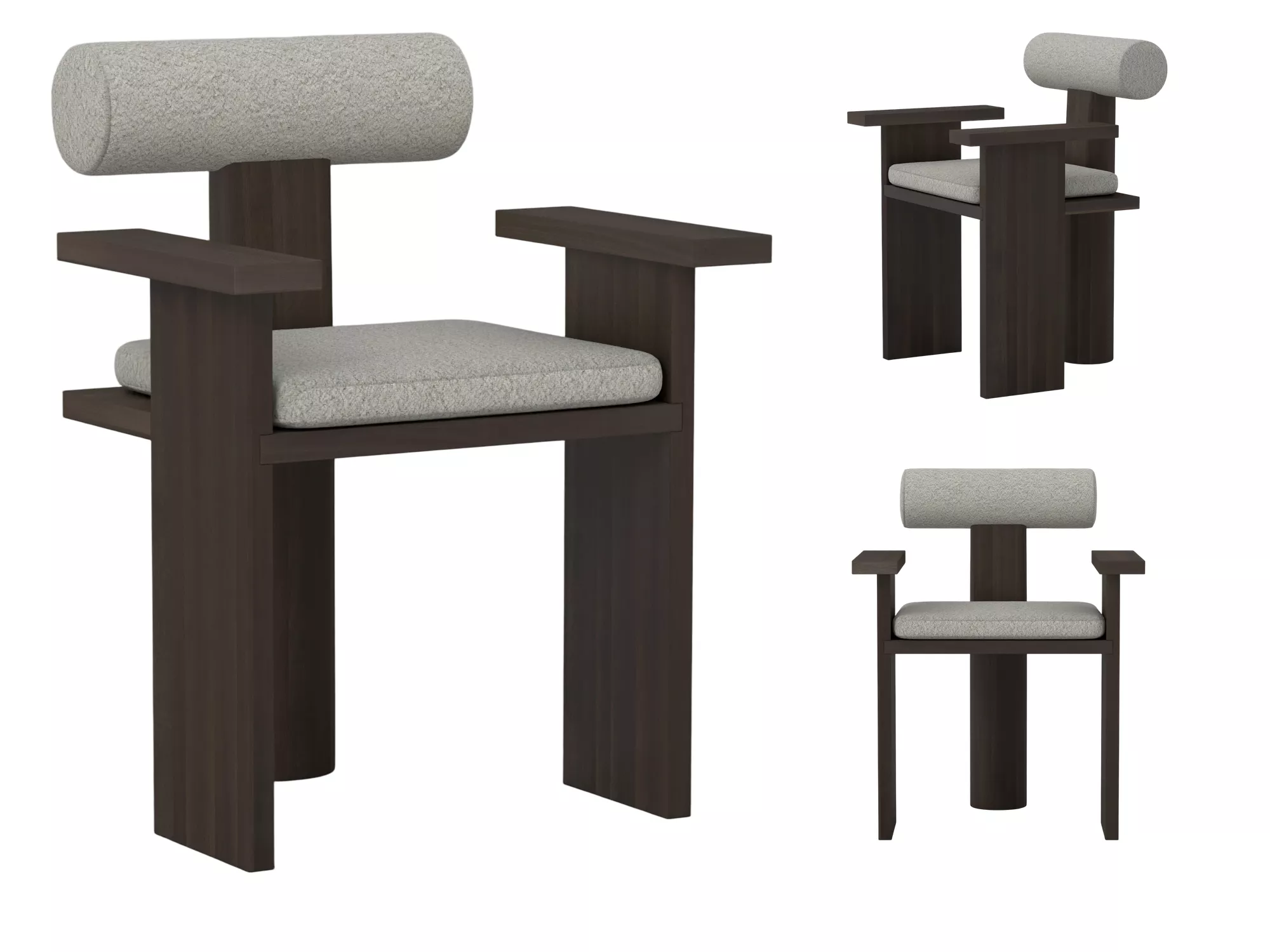 Modern Dark Wood Chair with Light Gray Boucle Cushions 3D Model 3D model