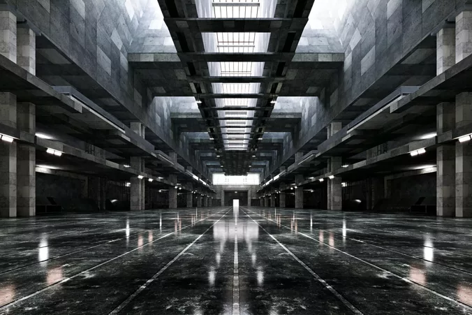 Brutalist Sci-Fi Vehicle Hangar - Cinematic Environment - 022