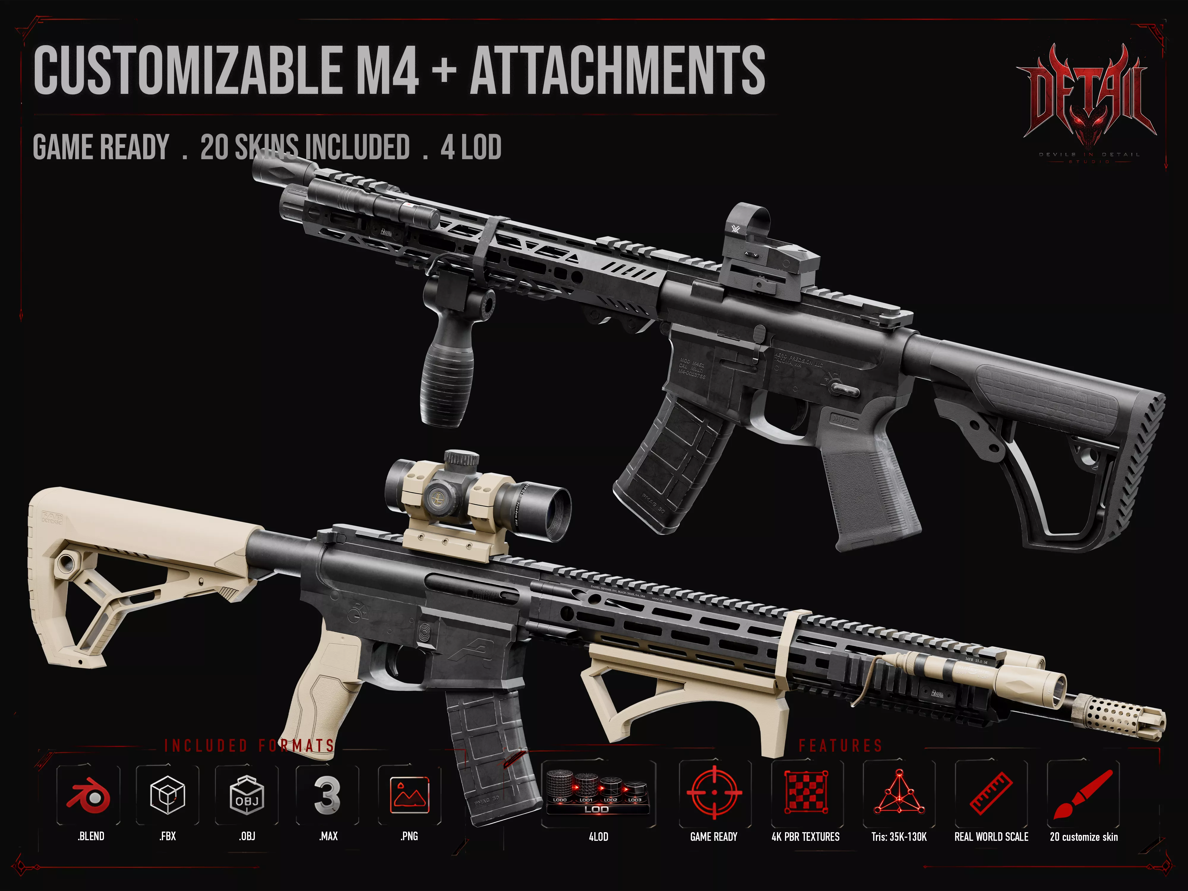 CUSTOMIZABLE M4 Low-poly 3D model