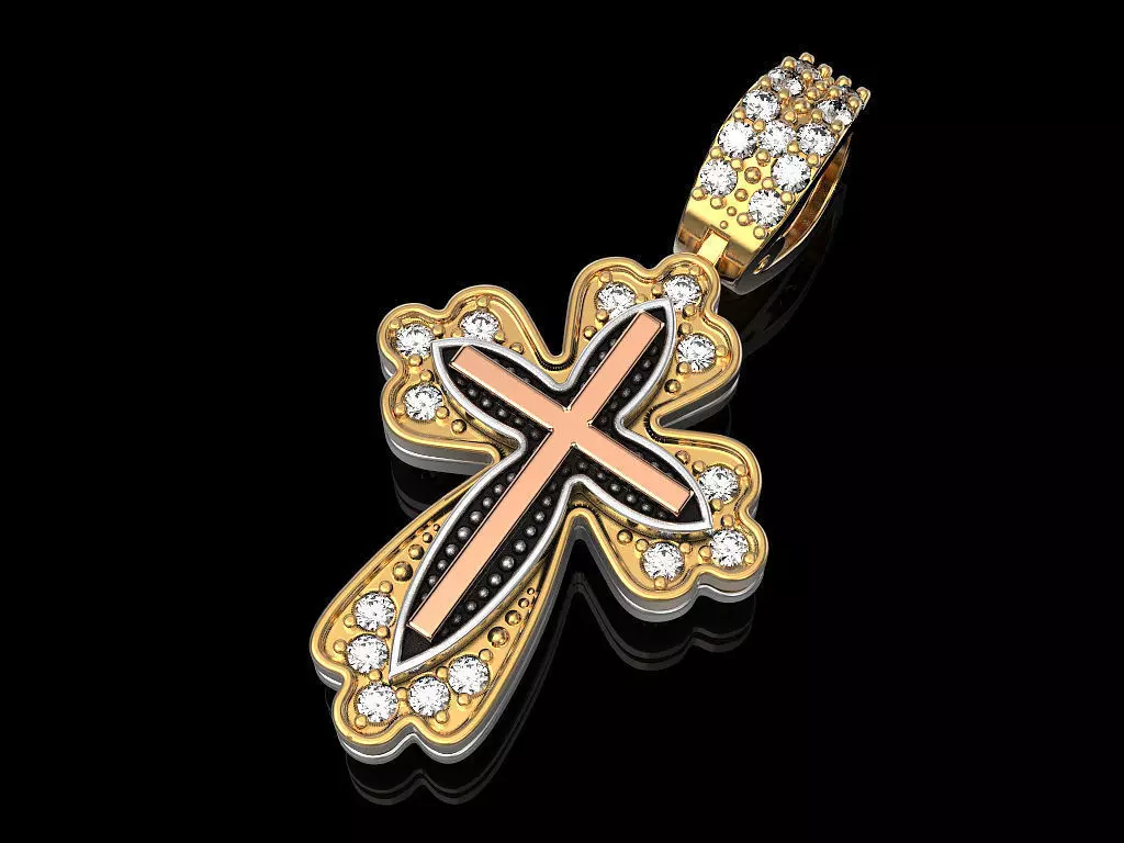 Cross gold pendant with diamonds 3D print model_0