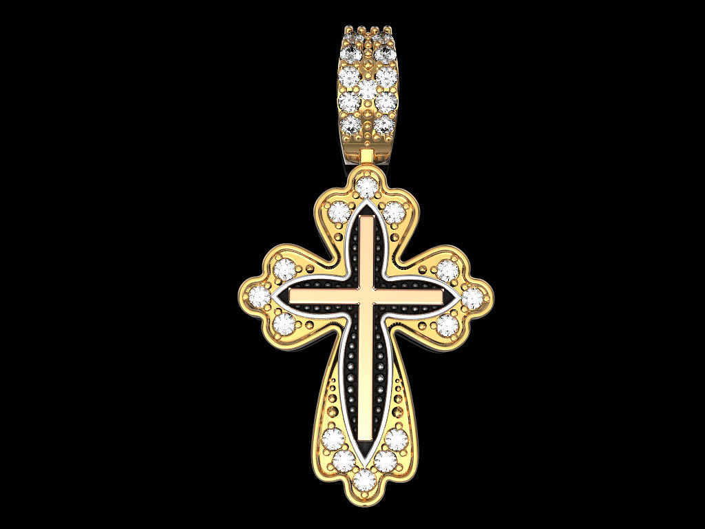 Cross gold pendant with diamonds 3D print model_1