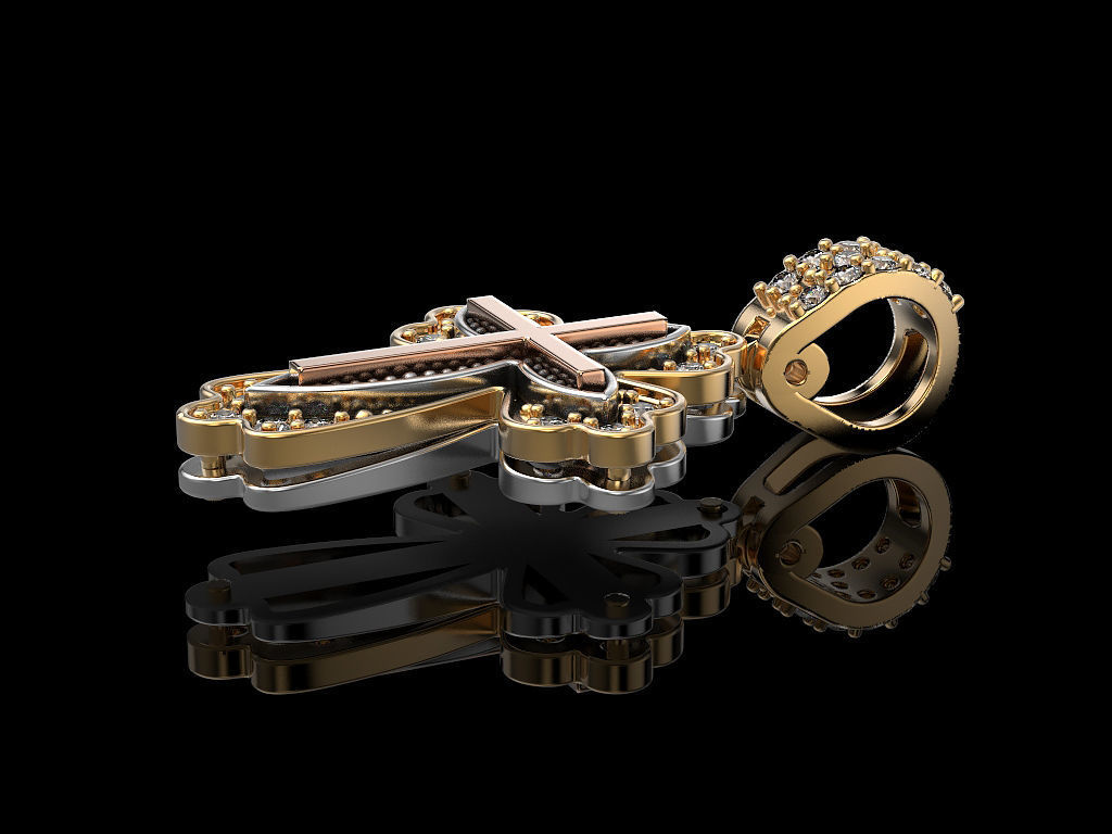 Cross gold pendant with diamonds 3D print model_2