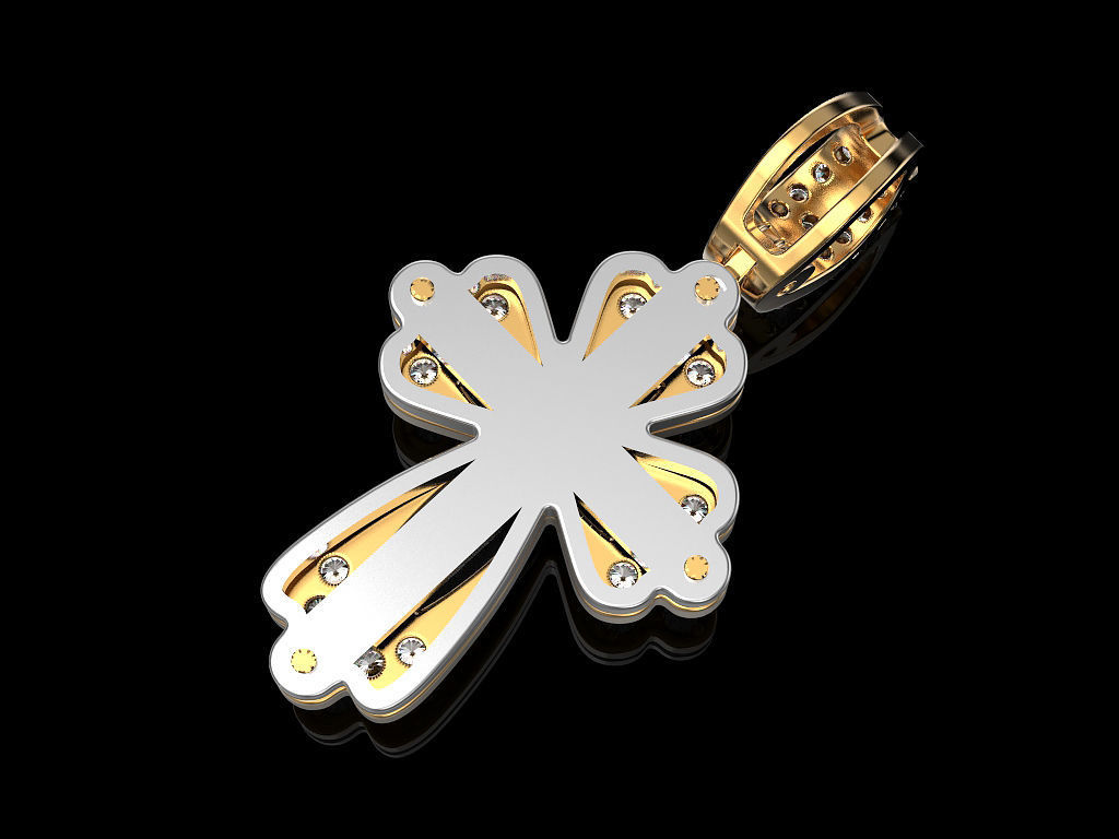 Cross gold pendant with diamonds 3D print model_3
