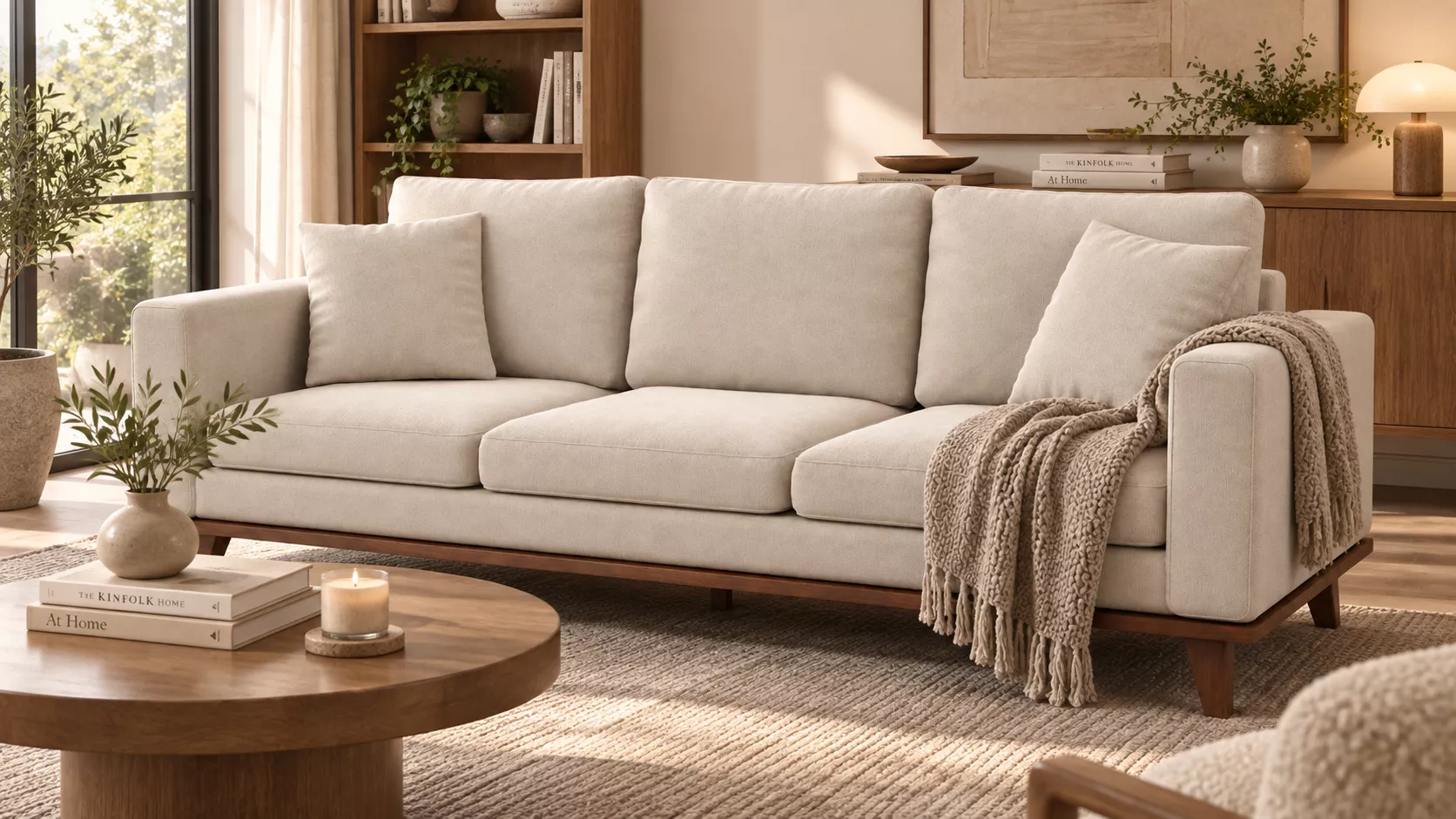 Modern Beige Upholstered Sofa Wooden Base 3D Model 3D model