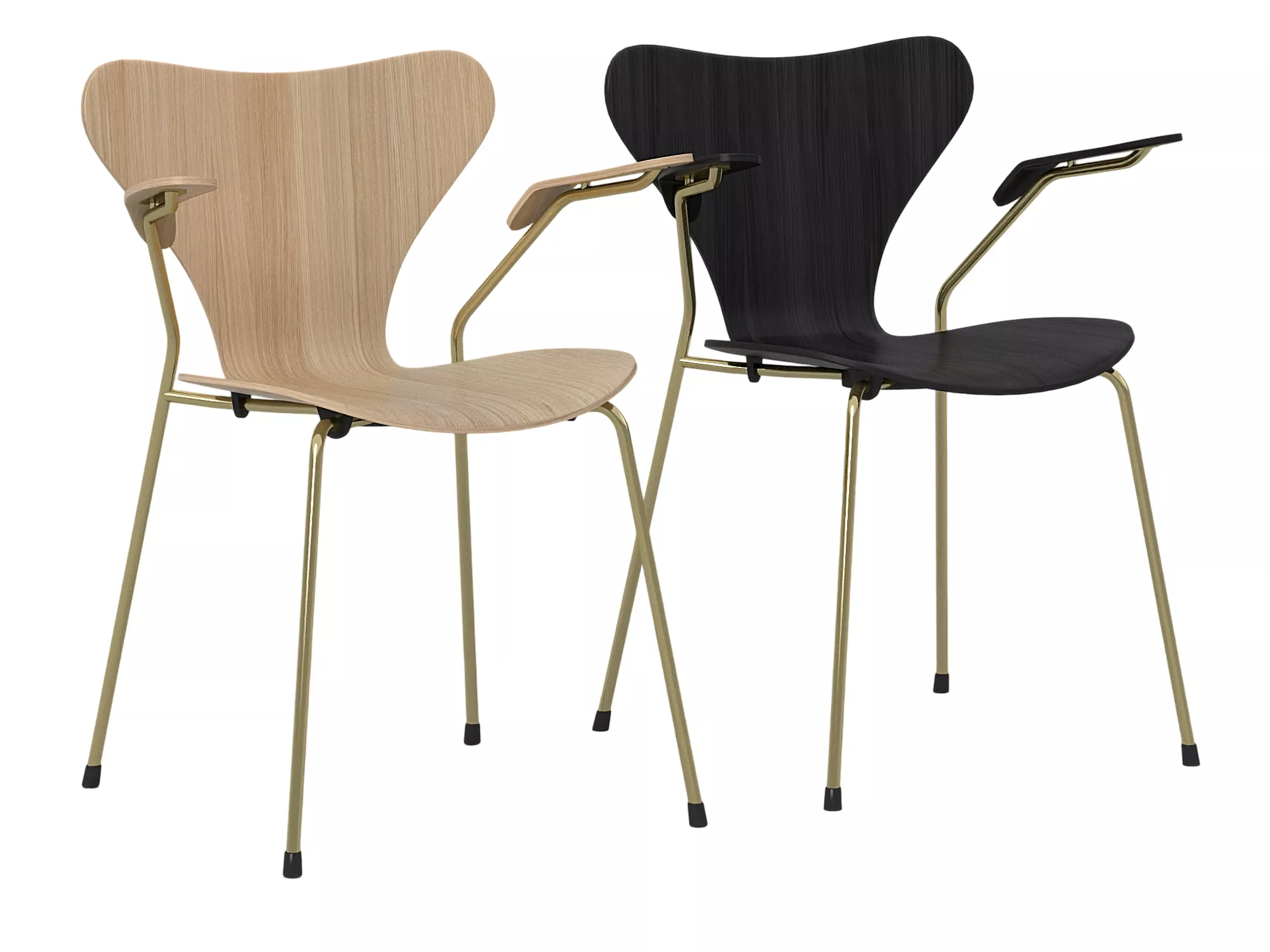 Two Molded Plywood Armchairs Light Black Wood Brass Legs 3D model
