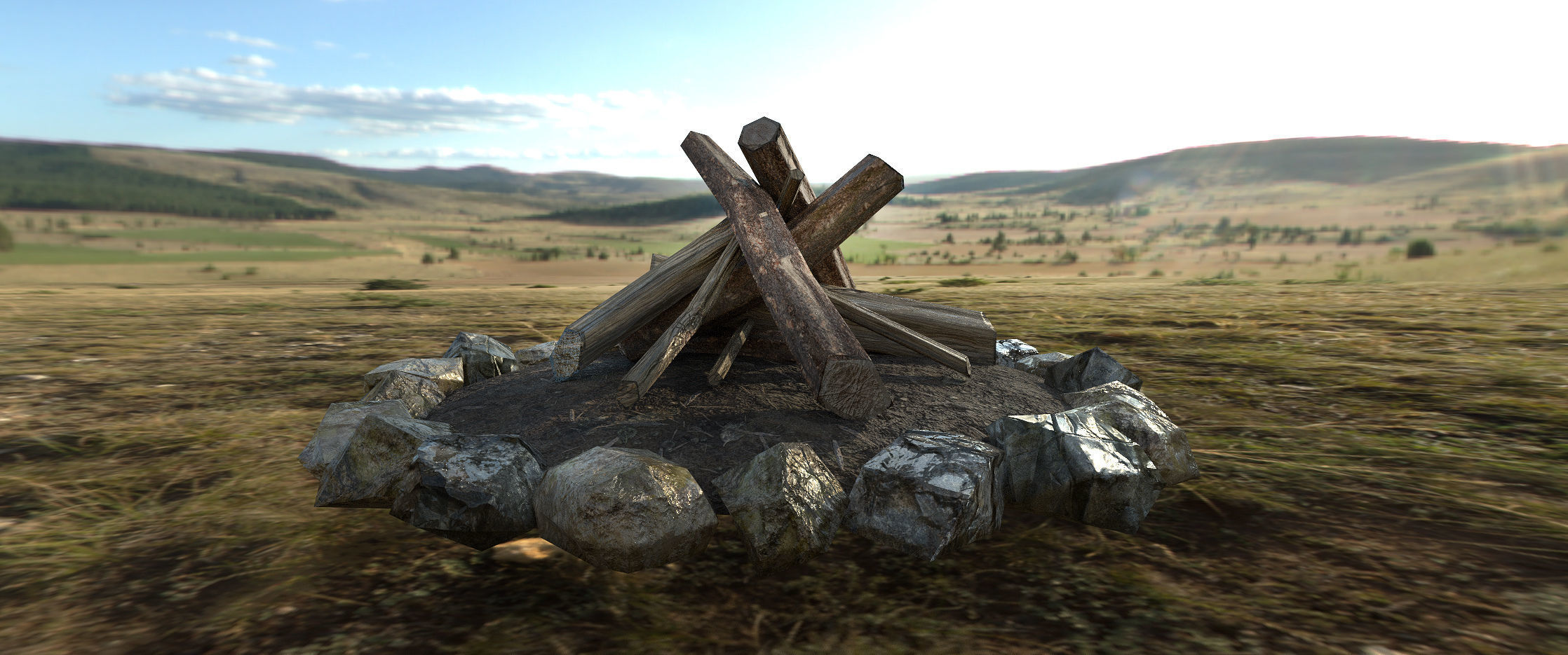 Bonfire fire pit with logs and rocks Low-poly 3D model_6