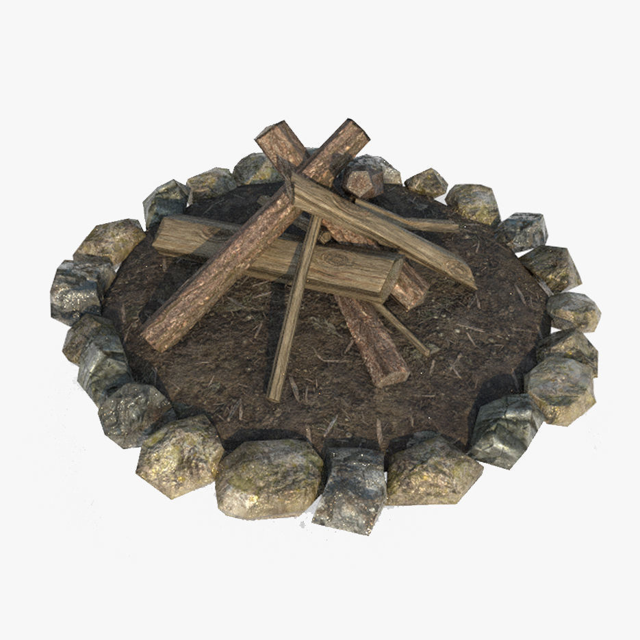 Bonfire fire pit with logs and rocks Low-poly 3D model_5