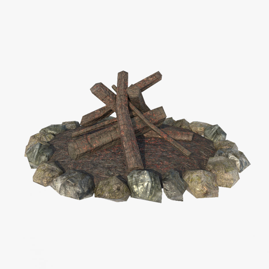 Bonfire fire pit with logs and rocks Low-poly 3D model_2