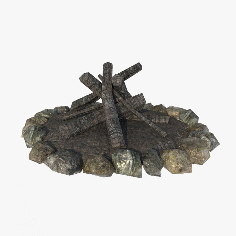 Bonfire fire pit with logs and rocks Low-poly 3D model_3