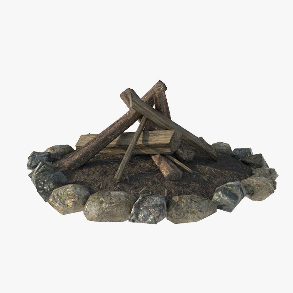 Bonfire fire pit with logs and rocks Low-poly 3D model_4