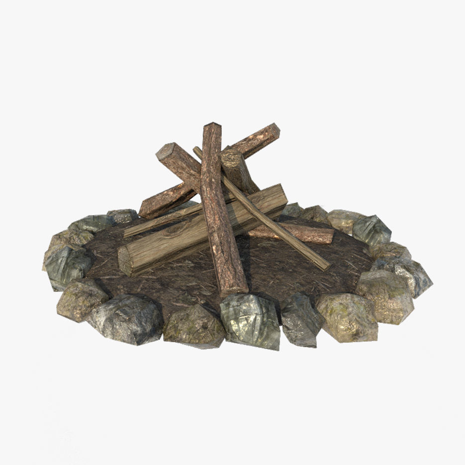 Bonfire fire pit with logs and rocks Low-poly 3D model_1