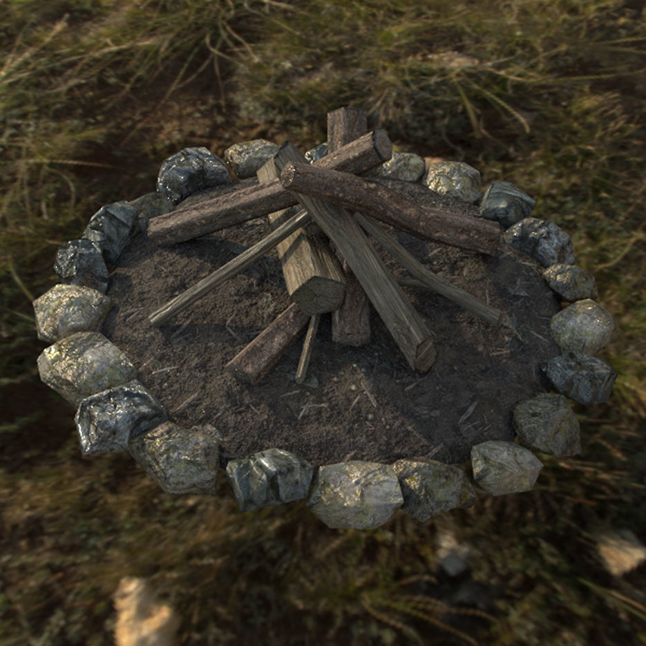 Bonfire fire pit with logs and rocks Low-poly 3D model_8