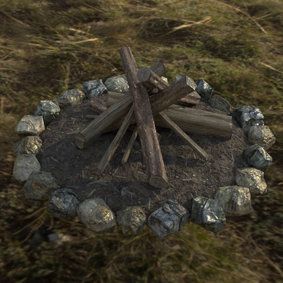 Bonfire fire pit with logs and rocks Low-poly 3D model_9
