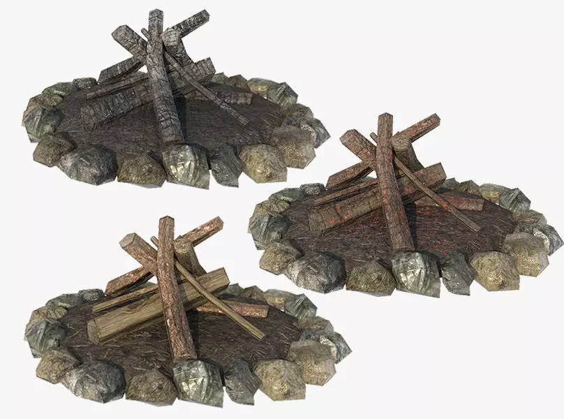 Bonfire fire pit with logs and rocks Low-poly 3D model_0
