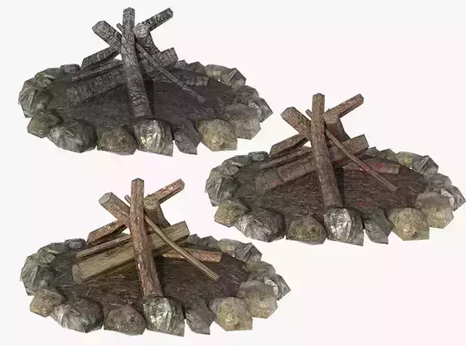 Bonfire fire pit with logs and rocks Low-poly 3D model