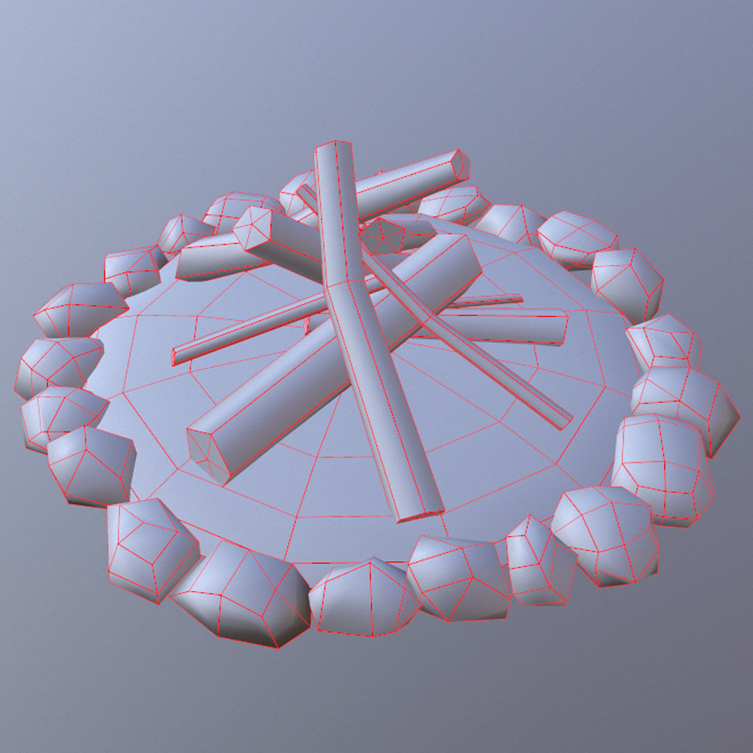 Bonfire fire pit with logs and rocks Low-poly 3D model_10