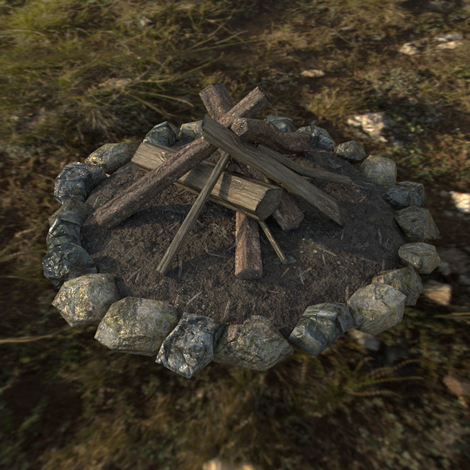 Bonfire fire pit with logs and rocks Low-poly 3D model_7