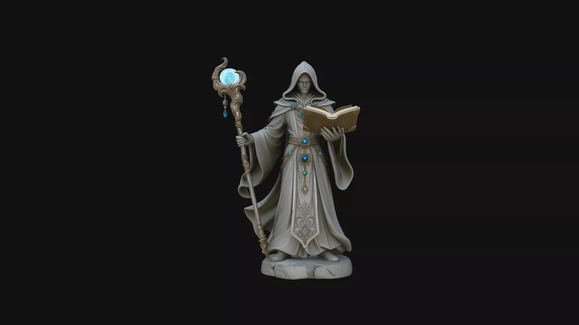 Hooded Wizard with Staff Statue Design 2 - 3D Print Model 3D print model