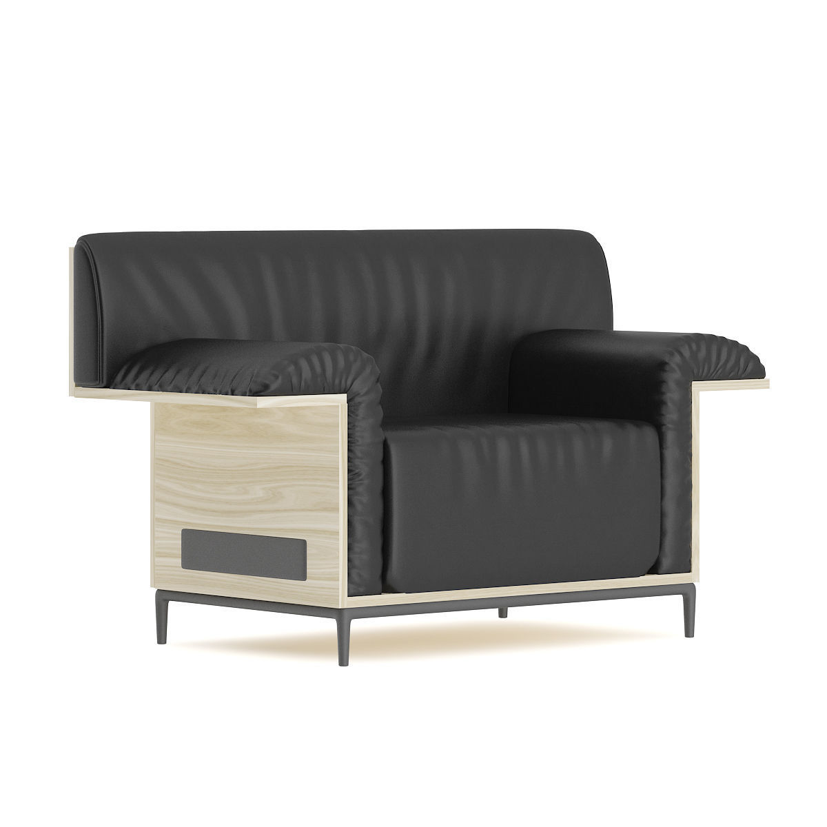 Black Leather Armchair with Wooden Back 3D model_1