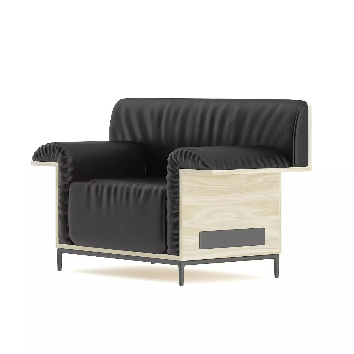 Black Leather Armchair with Wooden Back 3D model_0