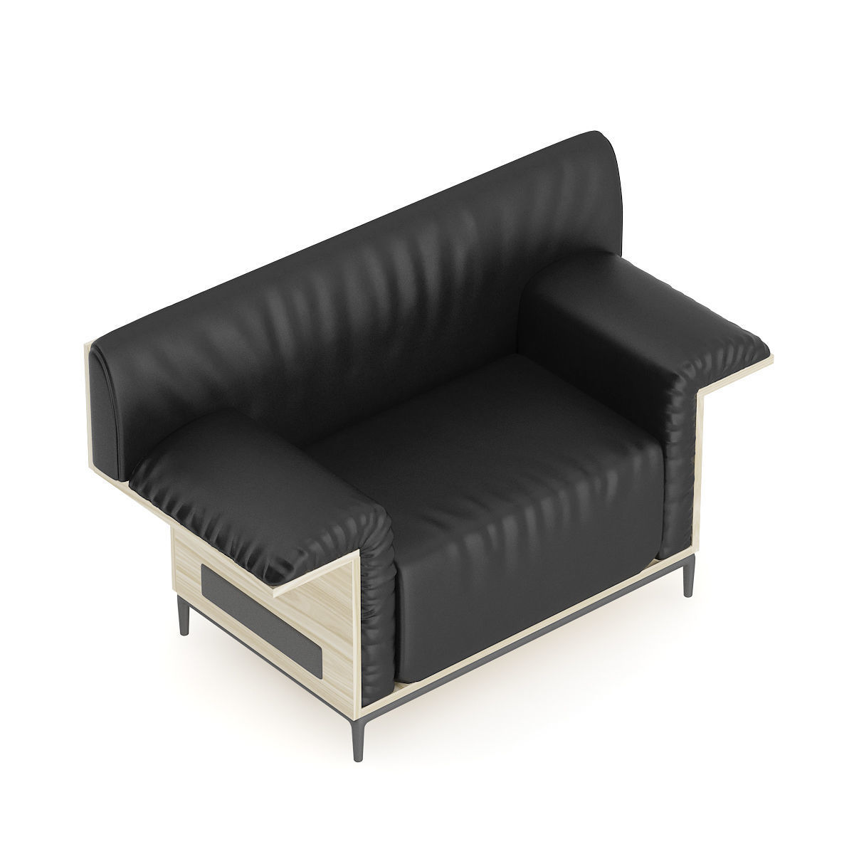 Black Leather Armchair with Wooden Back 3D model_2