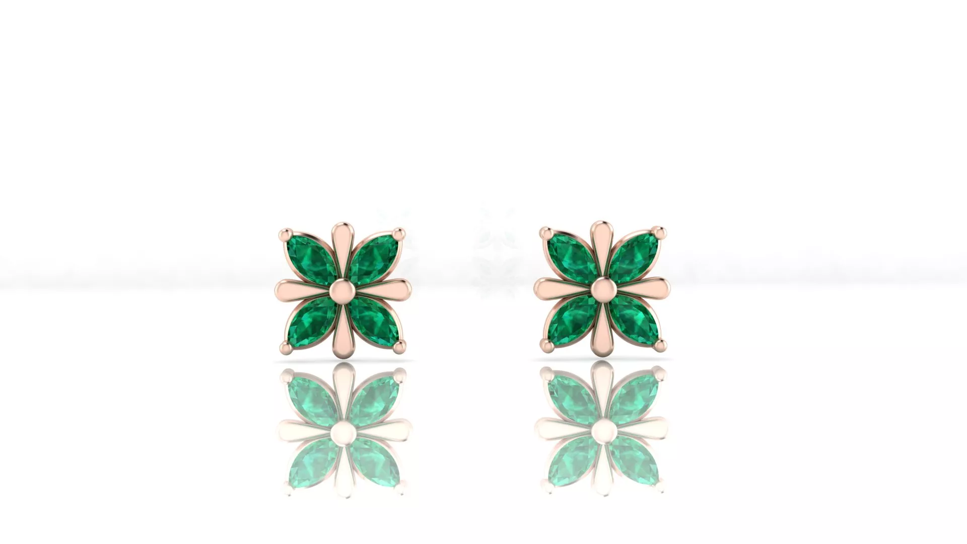 Rose Gold Marquise Emerald Four Petal Flower Stud Earrings 3D print model