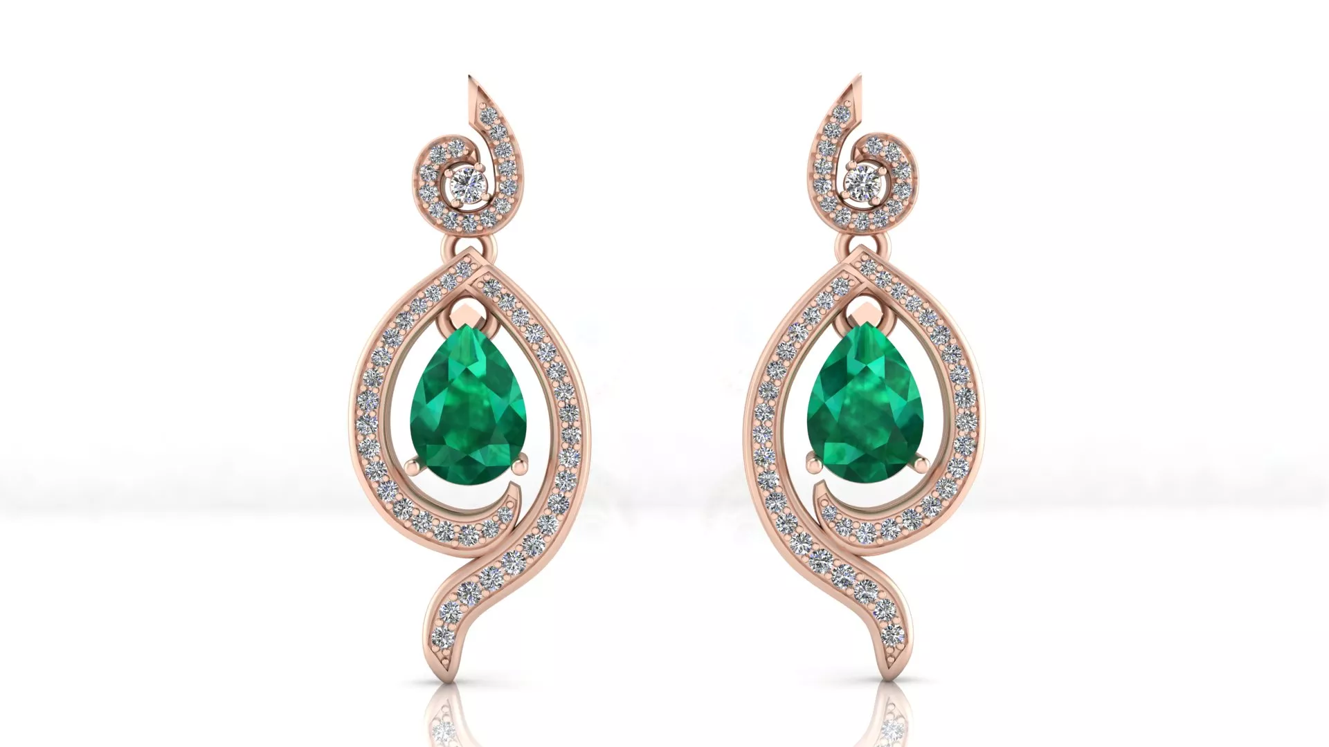 Rose Gold Pear Emerald Pave Diamond Swirl Drop Earrings 3D print model