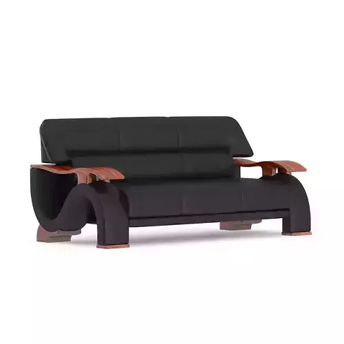 Black Leather Sofa with Wooden Arms