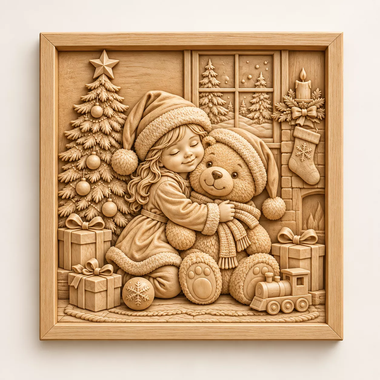 Christmas Girl Teddy Bear Wood Carving CNC STL Relief Design 3D print model