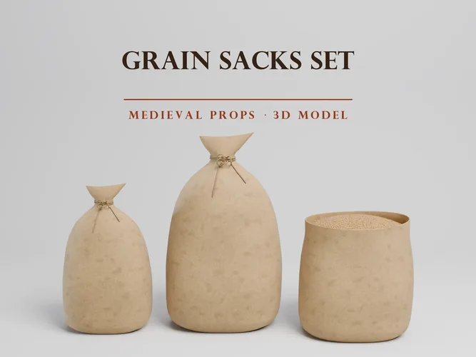 Medieval Grain Sacks - 3 Burlap Sacks - Tied and Open - PBR