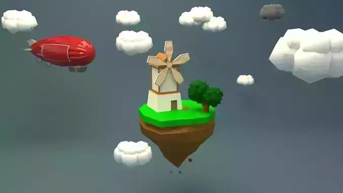 House Low Poly Scene with  space ship Low poly