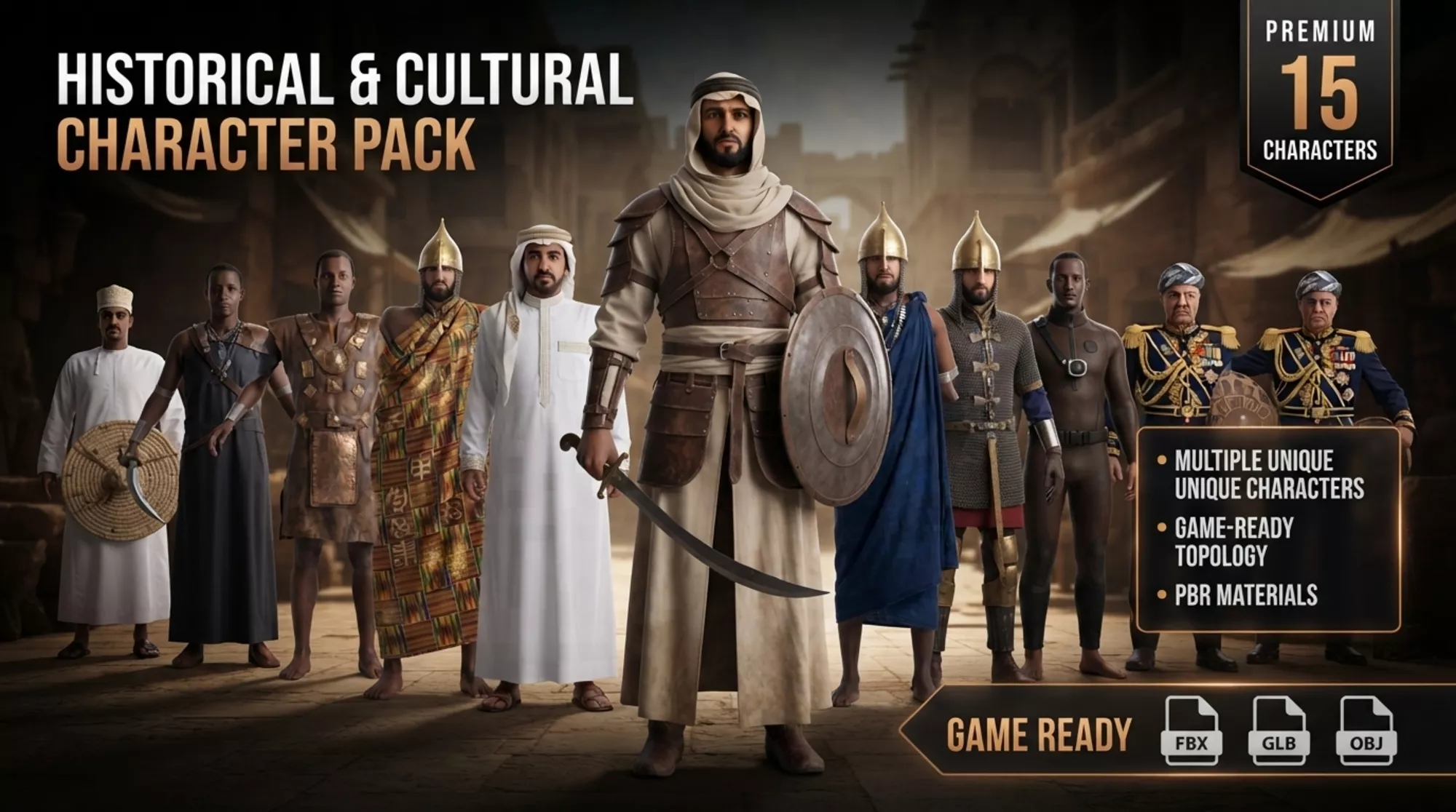 Historical Arabian Package 15 Characters Rigged Game Ready Low-poly 3D model